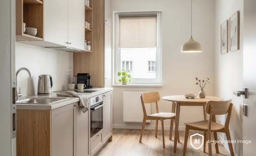 Beigefarbenes Stoffrollo am Fenster einer kleinen K&uuml;che mit Holzm&ouml;beln und rundem Tisch.