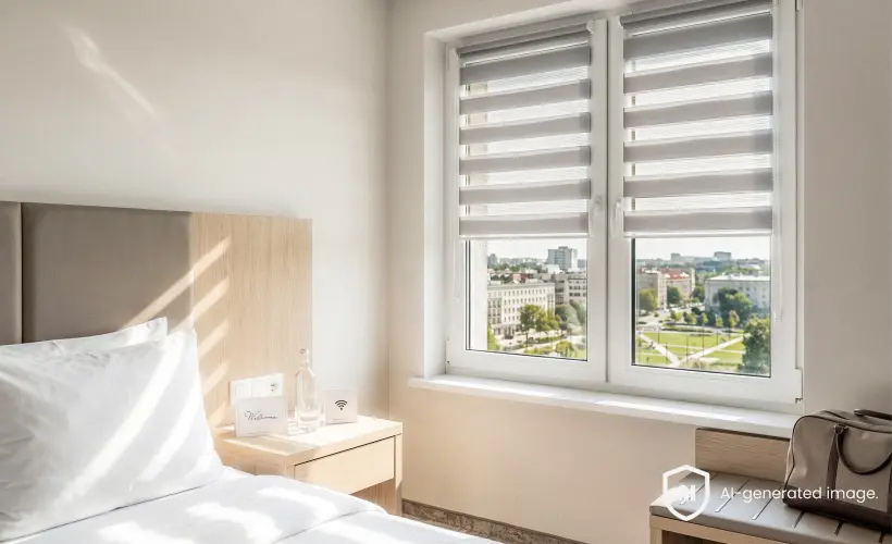 Graue Doppelrollos an einem zweifl&uuml;geligen Fenster in einem hellen Schlafzimmer mit Holzm&ouml;beln.
