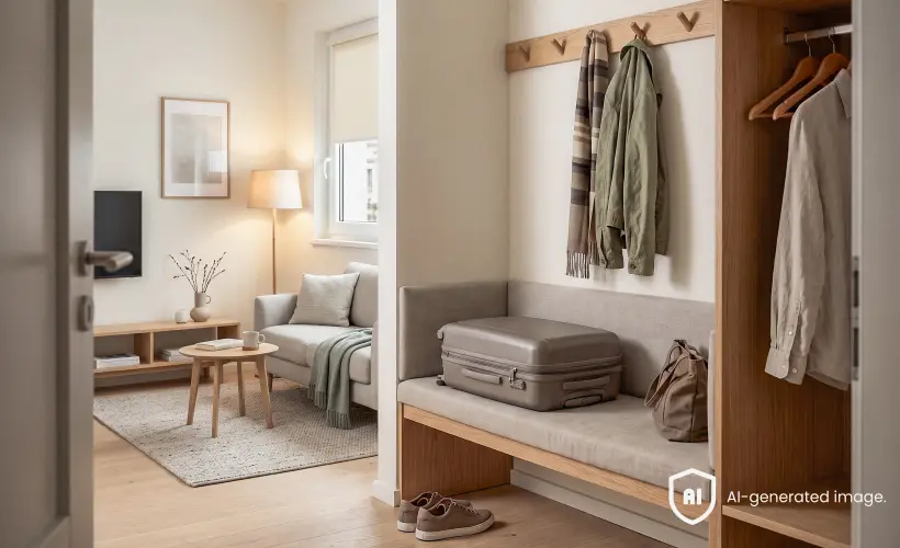 Heller Eingangsbereich mit h&ouml;lzerner Garderobe, gepolsterter Sitzbank und Blick ins Wohnzimmer mit grauem Sofa.