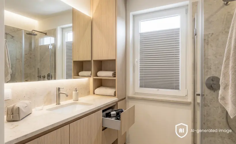 Graues Fensterplissee in einem hellen Badezimmer mit Holzschr&auml;nken, Waschbecken und verglaster Dusche.