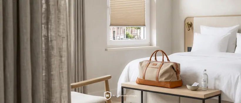Beige pleated blind on a hotel room window, with a white bed and a travel bag on a small table.