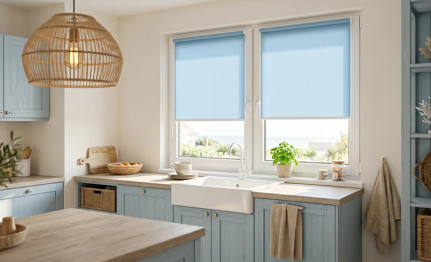 Blaue, kleine K&uuml;che im maritimen Stil mit blauen Standard-Rollos am Fenster