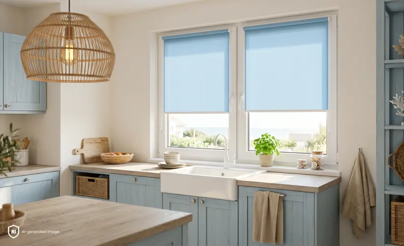 Blaue, kleine K&uuml;che im maritimen Stil mit blauen Standard-Rollos am Fenster