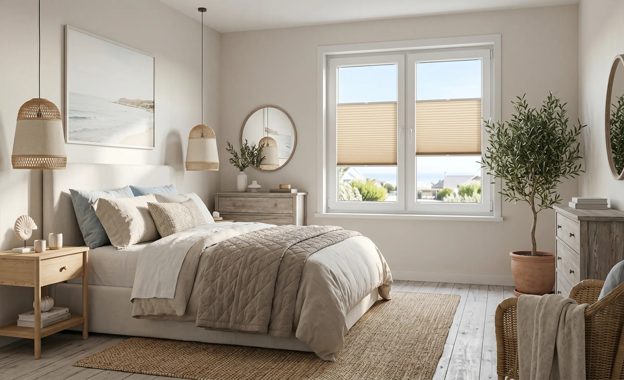 Gem&uuml;tliches, beigefarbenes Schlafzimmer im maritimen Stil mit beigefarbenen Standard-Plissees am Fenster