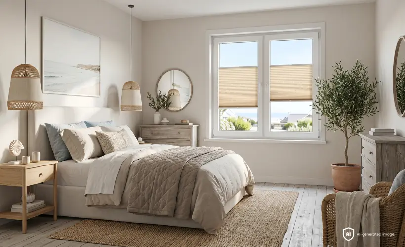 Gem&uuml;tliches, beigefarbenes Schlafzimmer im maritimen Stil mit beigefarbenen Standard-Plissees am Fenster