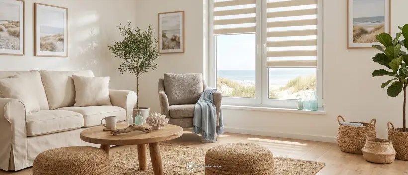 Helles, gemütliches Wohnzimmer im maritimen Stil mit beigefarbenen Tag-und-Nacht-Rollos am Fenster