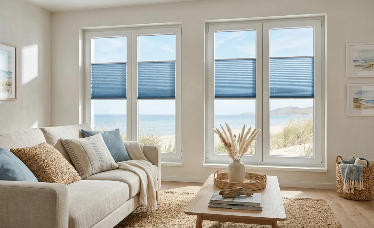 Kleines Wohnzimmer im Coastal Style mit blauen Standard-Plissees an den Fenstern