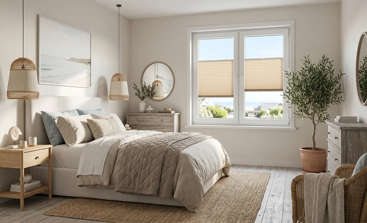 Cosy, beige bedroom in a seaside style with beige standard pleated blinds on the window
