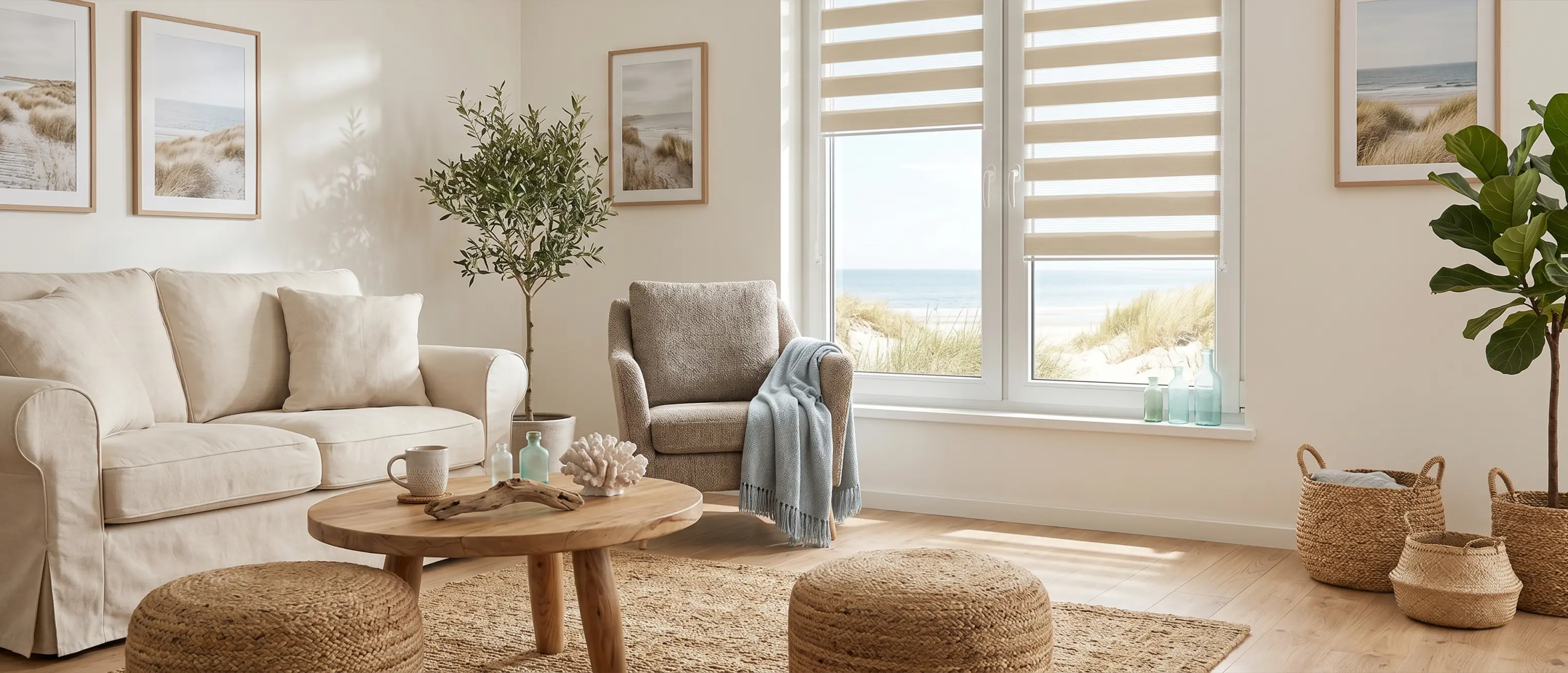 Bright, cosy living room in a coastal style with beige day and night blinds on the window