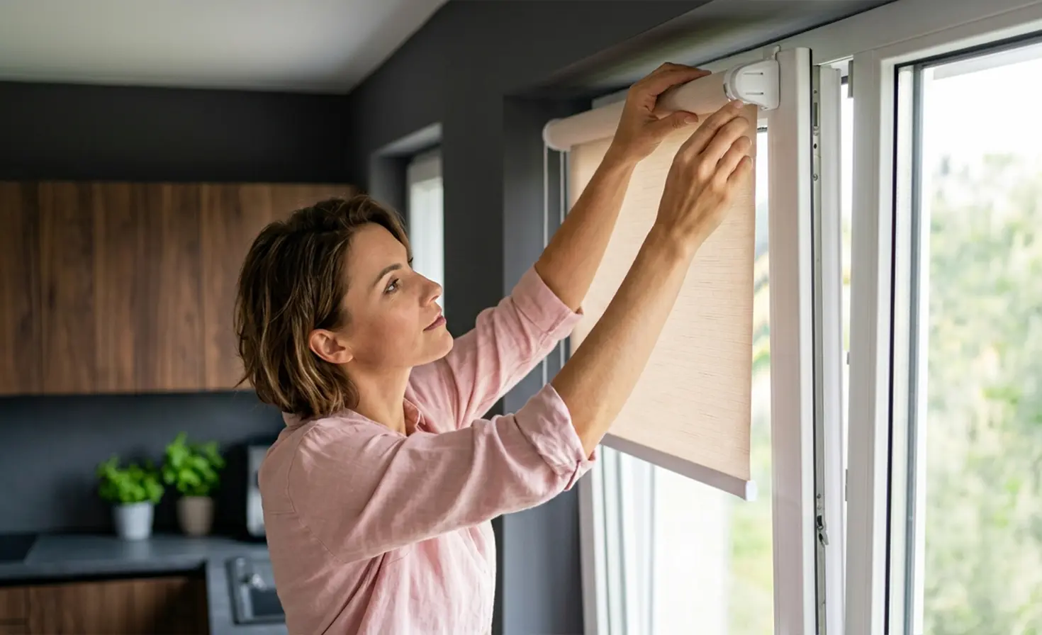 Woman in a dark kitchen installing a standard beige blind on the window.