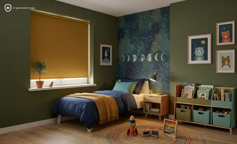 Ein farbenfrohes, ger&auml;umiges Kinderzimmer mit einem gelben Standardrollo am Fenster.