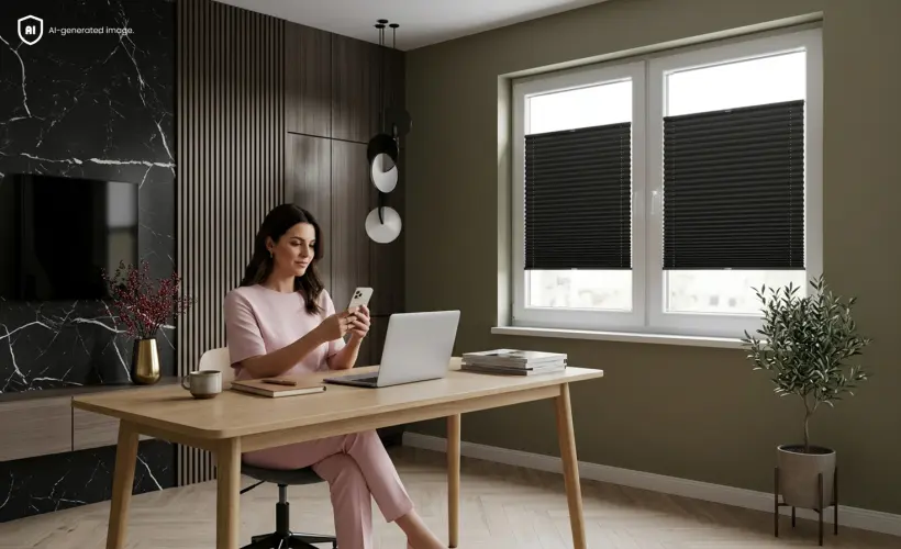 Eine Frau sitzt an einem Schreibtisch in einem minimalistischen Büro. Am Fenster befinden sich schwarze Verdunkelungsplissees.