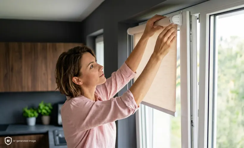 Eine Frau montiert in einer dunklen K&uuml;che ein beiges Standardrollo am Fenster.