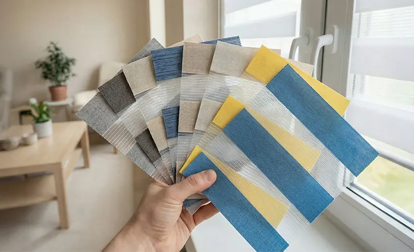 Eine Hand h&auml;lt Stoffmuster f&uuml;r Doppelrollos in verschiedenen Farben.