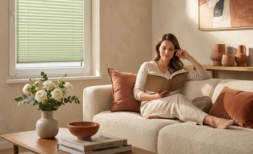 Eine Frau sitzt auf dem Sofa und liest ein Buch in einem sonnigen Wohnzimmer mit gr&uuml;nen Plissees am Fenster.