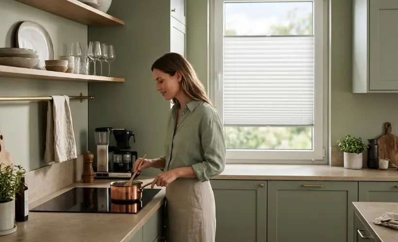 Eine Frau bereitet eine Mahlzeit in einer K&uuml;che zu, die in Erdt&ouml;nen &ndash; Salbei und Beige &ndash; gestaltet ist, mit wei&szlig;en Standard-Plissees am Fenster.