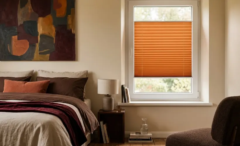 Ein Schlafzimmer in Erdt&ouml;nen mit orangefarbenen Standard-Plissees am Fenster.