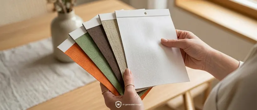 A woman&rsquo;s hands holding fabric swatches in the trendiest colors of 2026: earth tones, greens, browns, and beiges.