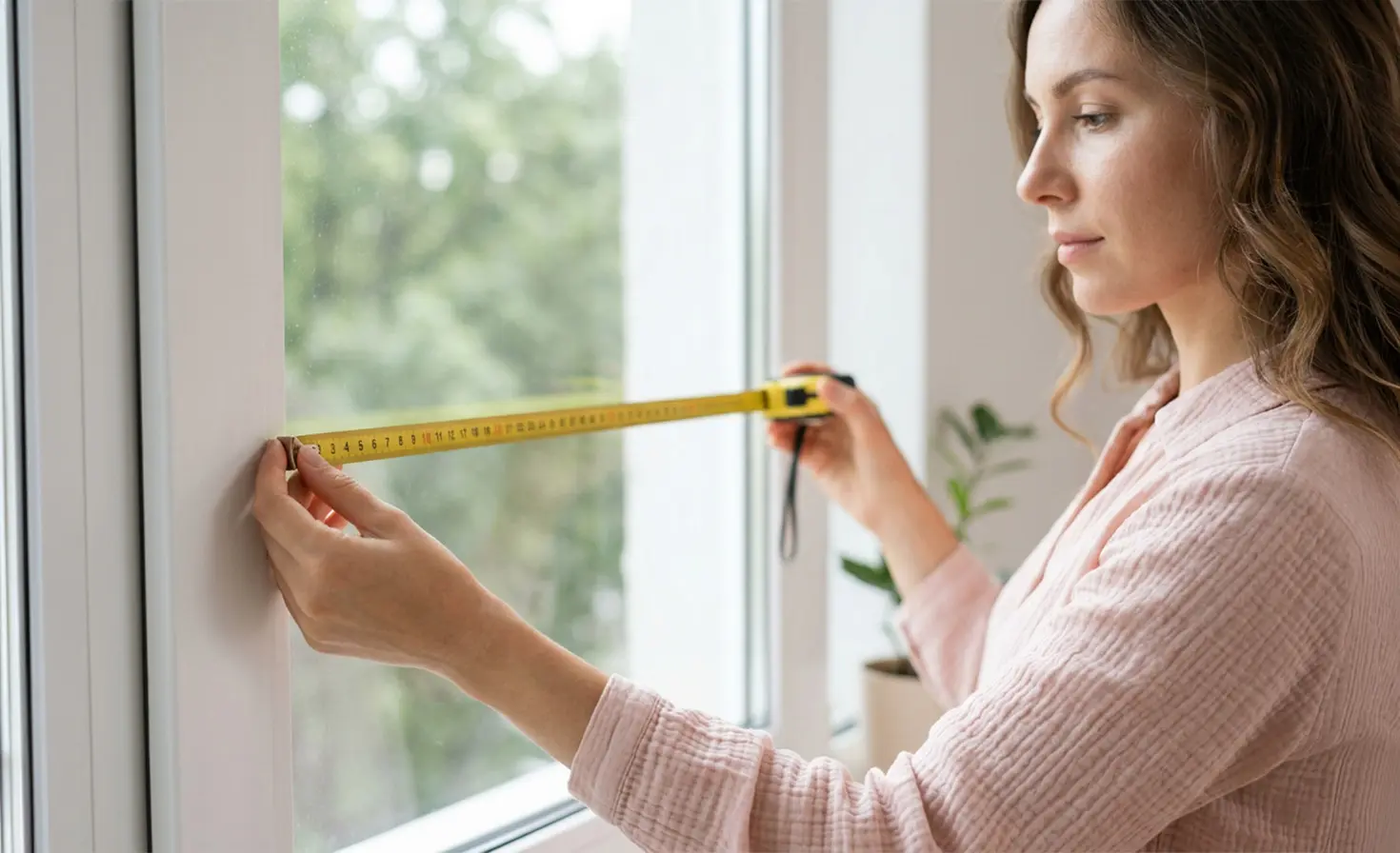 Eine Frau am Fenster mit Ma&szlig;band, die vor dem Kauf eines Rollos die Fensterma&szlig;e ausmisst.