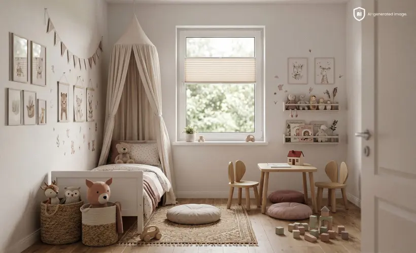 Small, cosy, bright child’s room with a pearl pleated blind on the window.
