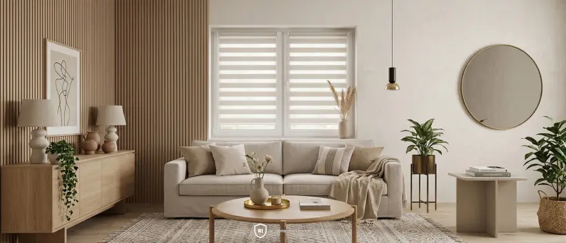 Modern Scandinavian-style living room with a cream day and night blind on the window.