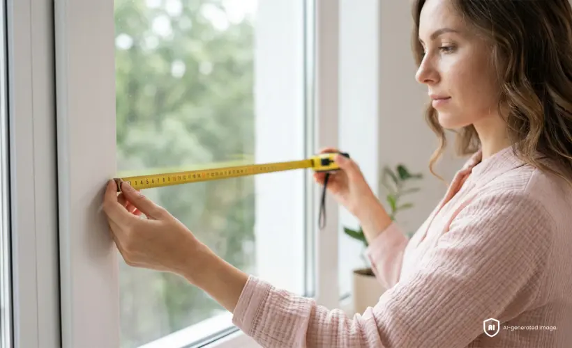 Woman standing by a window with a tape measure, measuring the window before buying a blind.