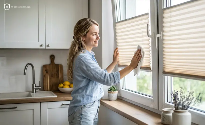 Woman in a white kitchen by a window with a beige pleated blind, holding a cloth and cleaning the blind.