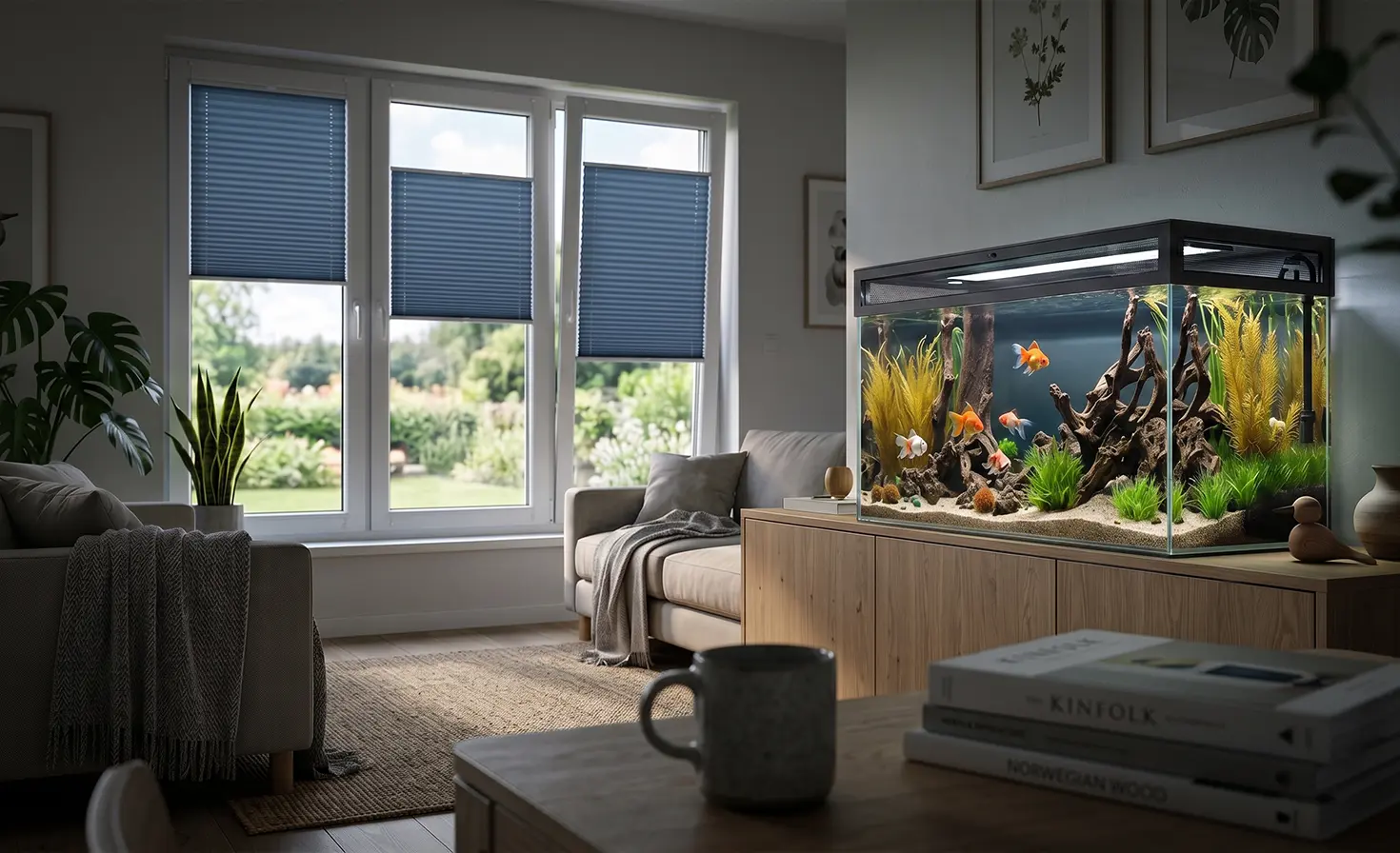 Aquarium auf einem Schrank in einem dunklen Wohnzimmer, im Hintergrund blaue Standard-Plissees am Fenster