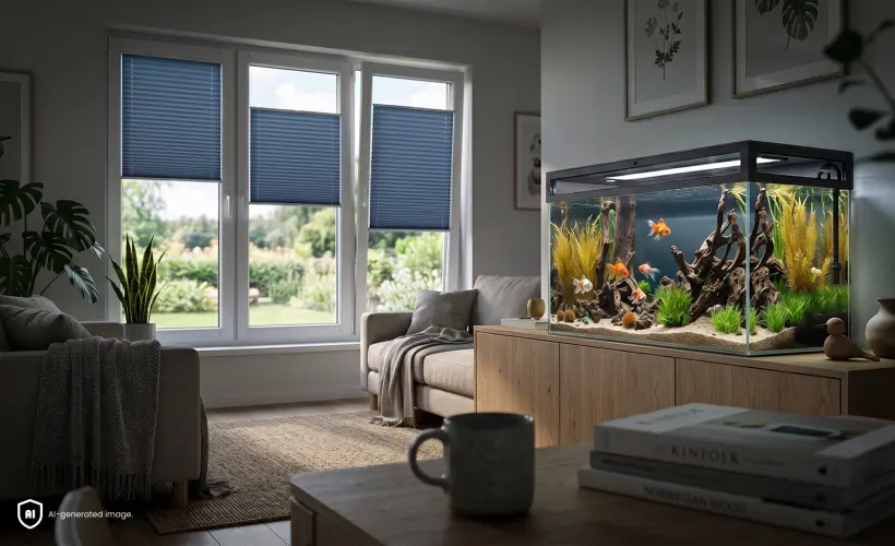 Aquarium auf einem Schrank in einem dunklen Wohnzimmer, im Hintergrund blaue Standard-Plissees am Fenster