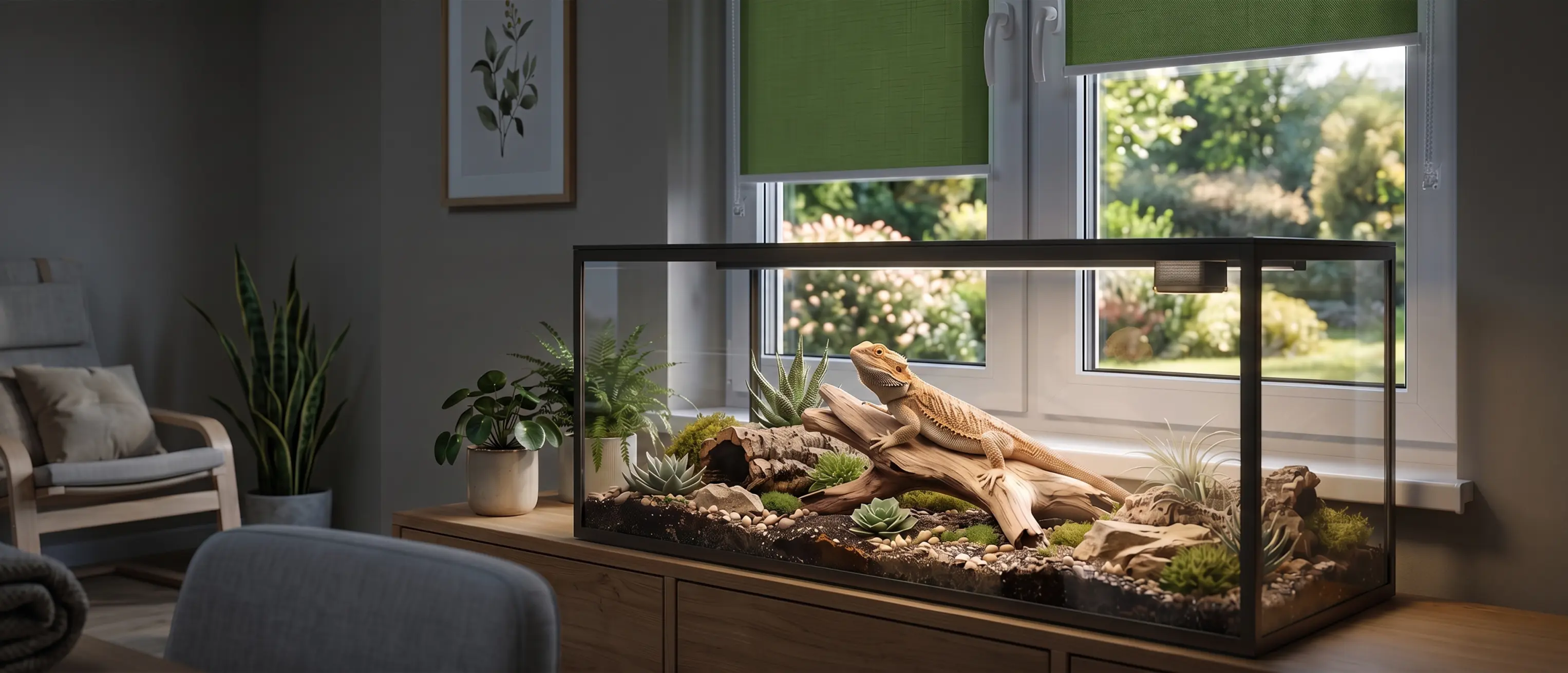 Bartagame in einem kleinen Terrarium, im Hintergrund ein gr&uuml;nes Standard-Rollo am Fenster