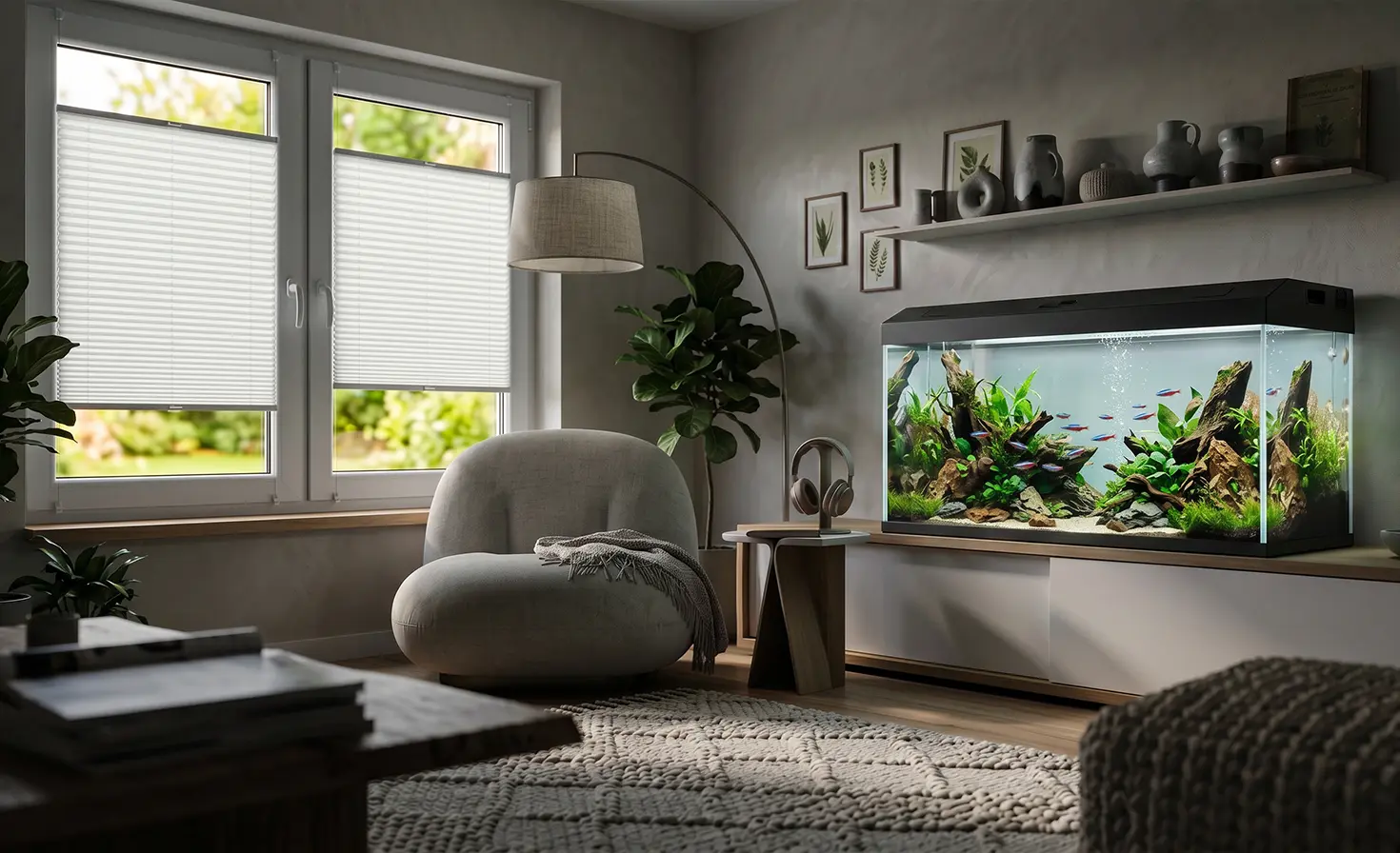 Aquarium with colourful fish in a minimalist living room, in the background white pleated blinds on the window