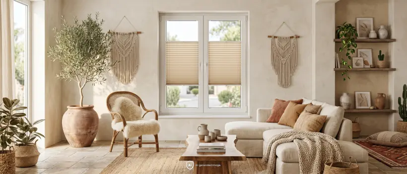 Gem&uuml;tliches Wohnzimmer im Boho-Stil mit beigen Standard-Plissees am Fenster