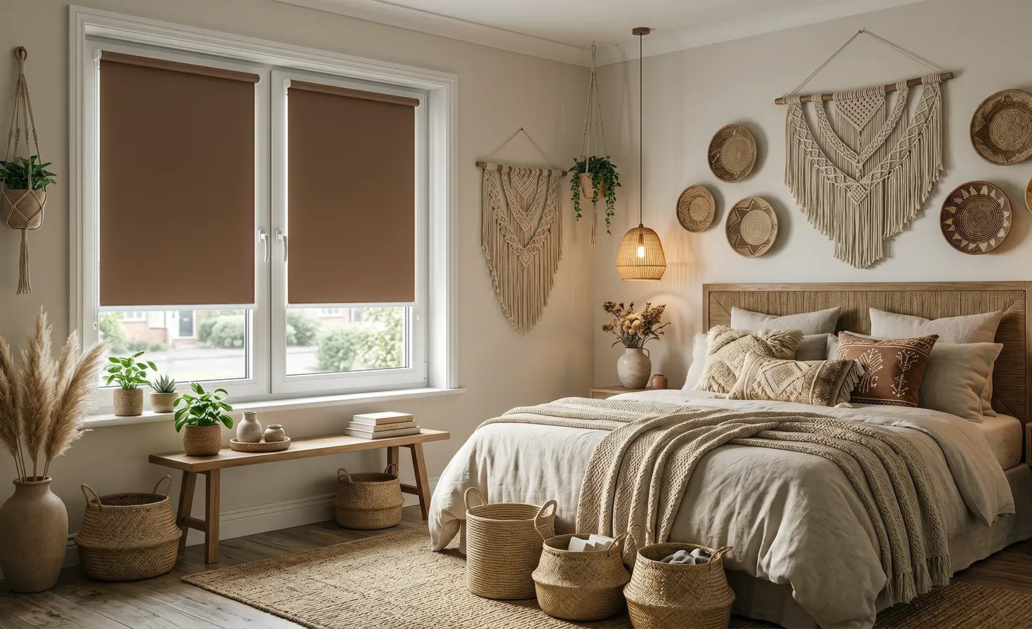 Gemütliches Boho-Schlafzimmer mit braunen Verdunkelungsrollos am Fenster