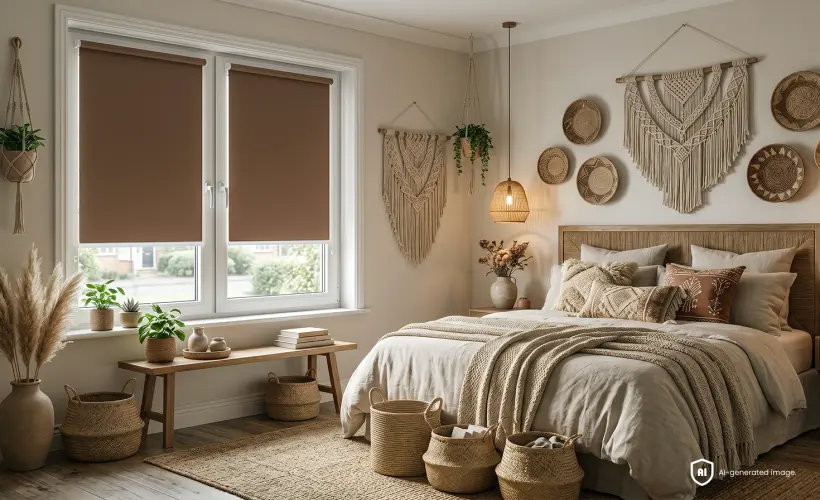 Gem&uuml;tliches Boho-Schlafzimmer mit braunen Verdunkelungsrollos am Fenster