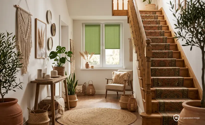 Flur im Boho-Stil mit gr&uuml;nen Standard-Rollos am Fenster