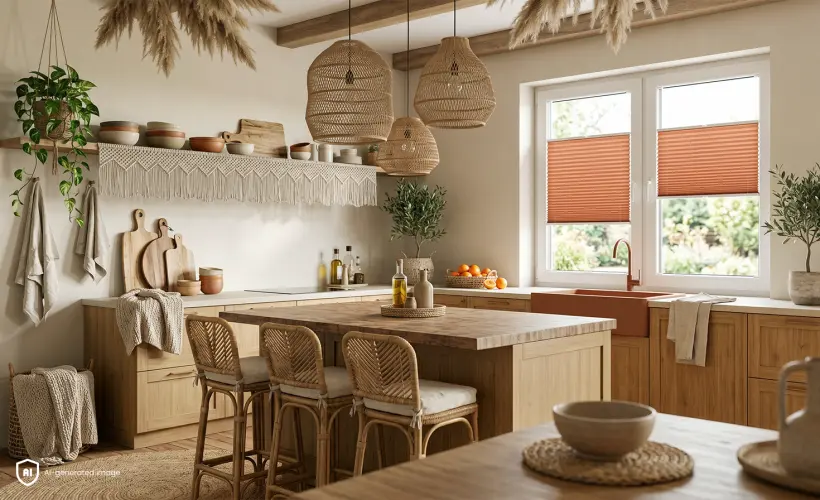 Atmospheric, cosy boho-style kitchen with orange pleated blinds on the window