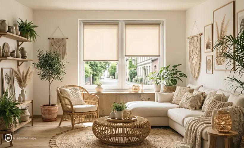 Small, bright boho-style living room with beige Standard roller blinds on the window