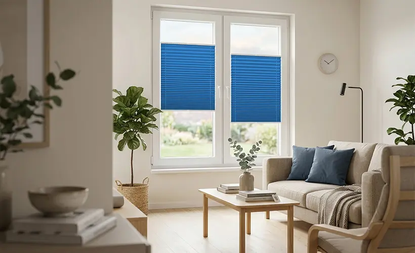 Wohnzimmer mit blauen Plissees