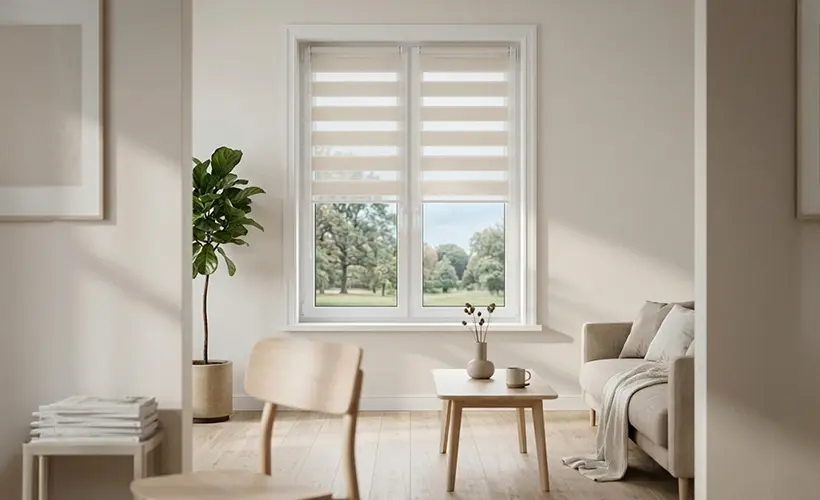 A window with a day and night blind in a bright, sunny living room with plants and wooden furniture