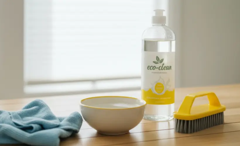 A cloth, bowl, cleaning solution and brush arranged on a wooden table.