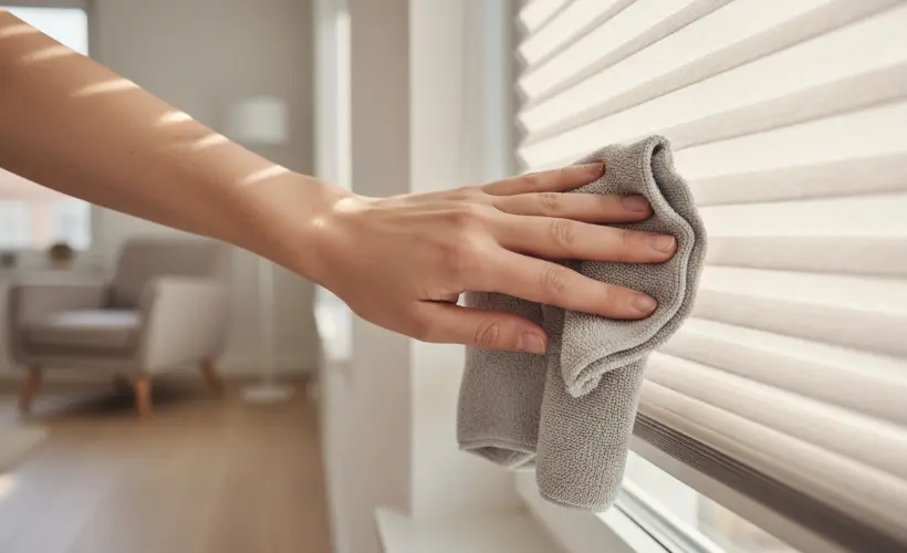 A hand cleaning a light-coloured pleated blind with a grey cloth.