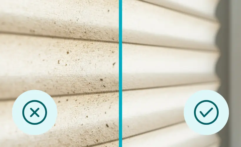Comparison of the stained and cleaned fabric of a pleated blind.