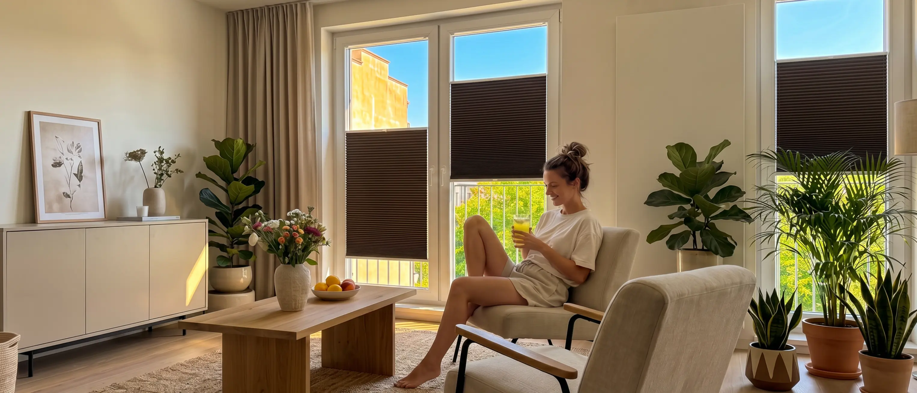 Frau sitzt in einem sonnigen Wohnzimmer mit braunen Plissees an den Fenstern