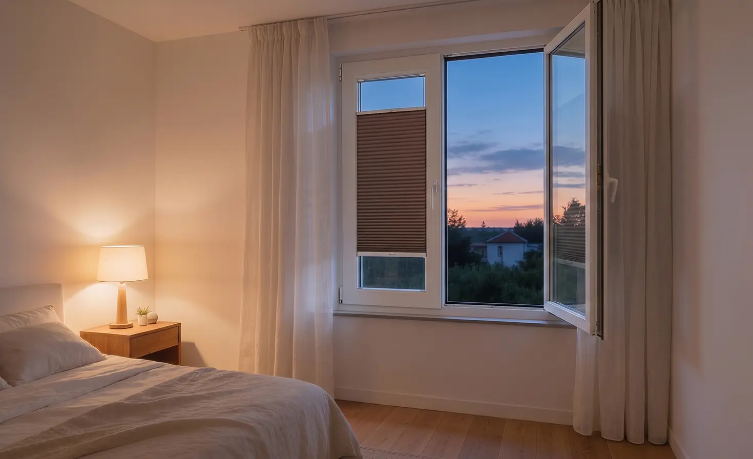 Gemütliches Schlafzimmer mit offenem Fenster und braunen Wabenplissees an den Fenstern