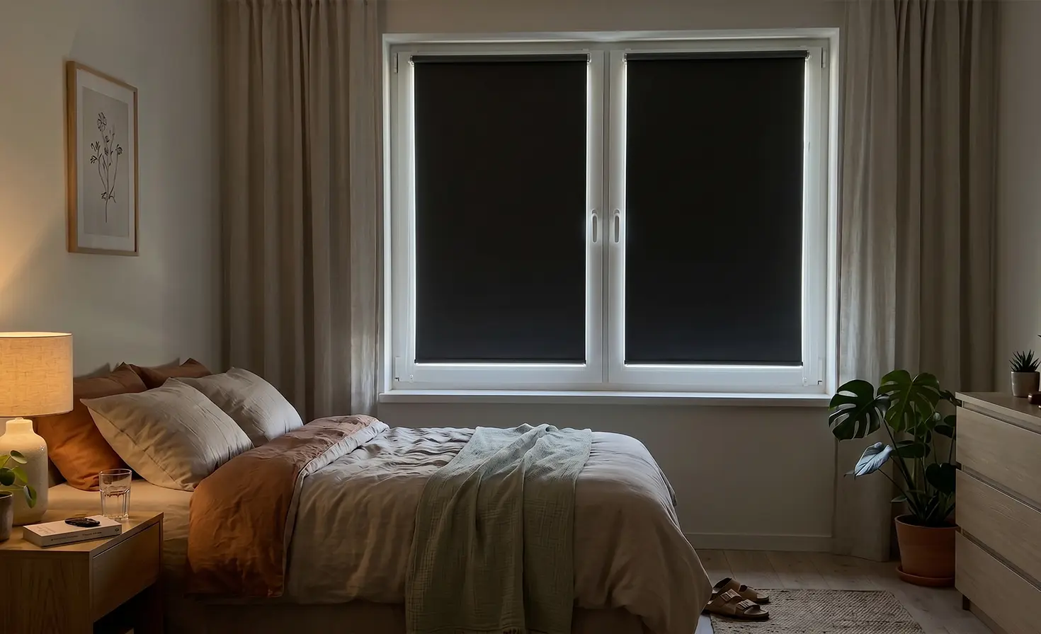 Schlafzimmer mit grauen Verdunkelungsrollos an den Fenstern