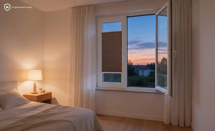 Cosy bedroom with an open window and brown cellular honeycomb blinds on the windows