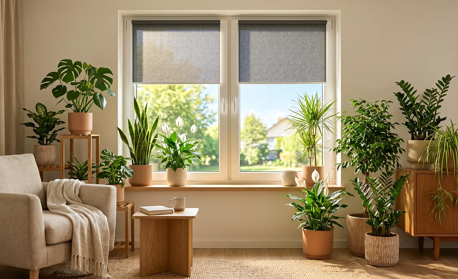 Bright living room with a window with grey standard roller blinds surrounded by plants