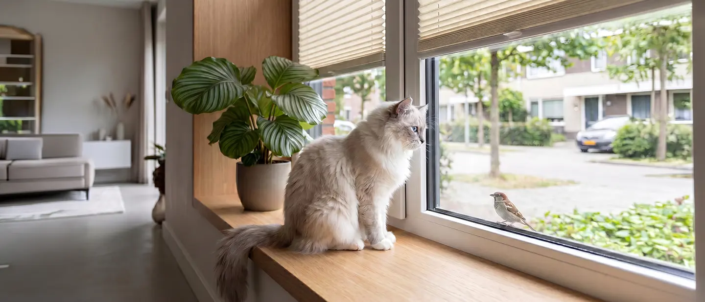 Eine Katze sitzt auf der Fensterbank und schaut durch ein freies Fenster mit einem beigen Standard-Plissee.