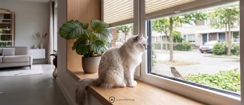 Eine Katze sitzt auf der Fensterbank und schaut durch ein freies Fenster mit einem beigen Standard-Plissee.