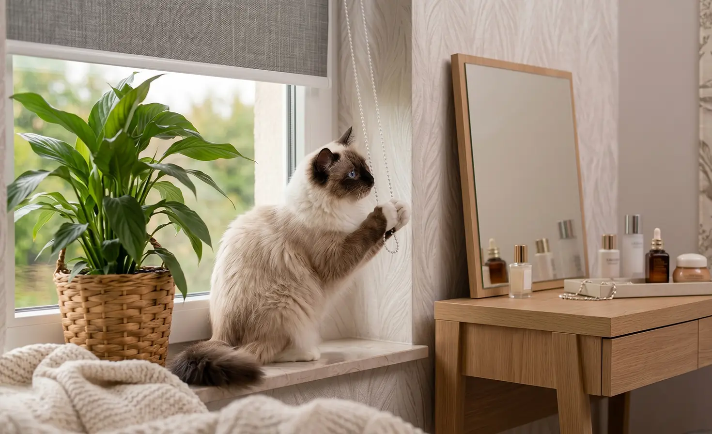 Eine Katze sitzt auf der Fensterbank neben einer Pflanze und spielt mit der Kette eines Rollos.
